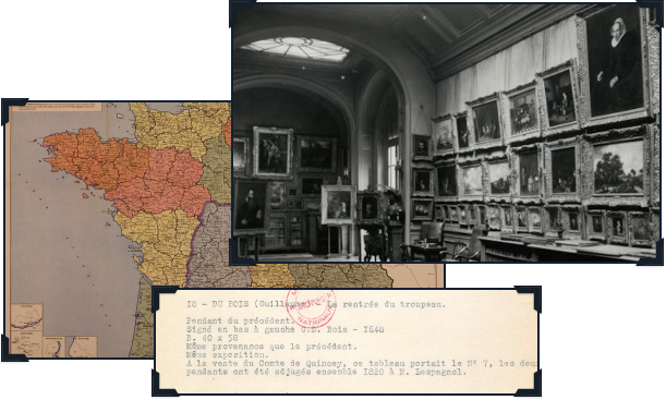 Collage: Map of France prepared by the Vichy government, photo of Schloss residence with salon hanging of artworks, example photo of an artwork inventory record