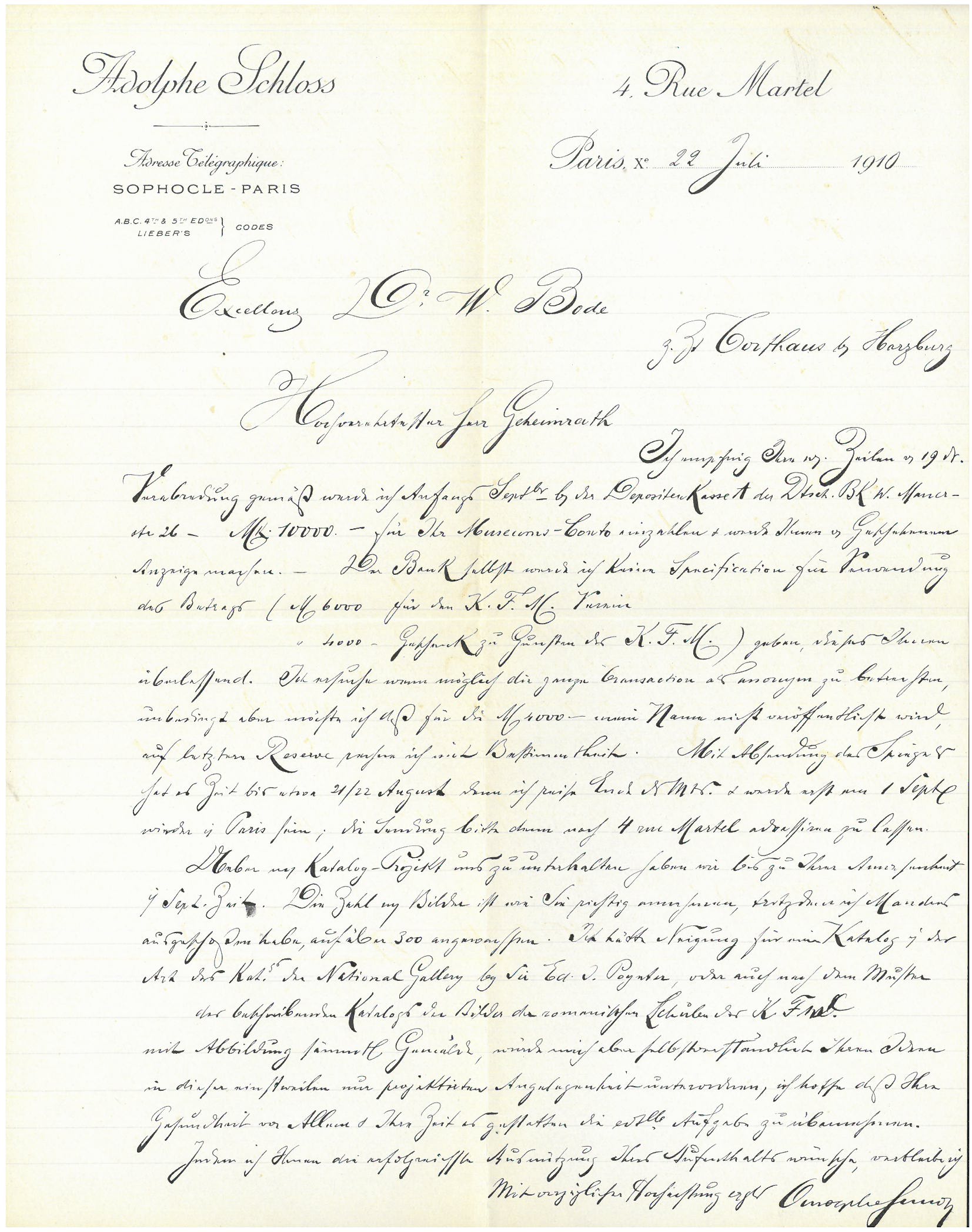 Image of Adolphe Schloss' handwritten letter to Wilhelm von Bode